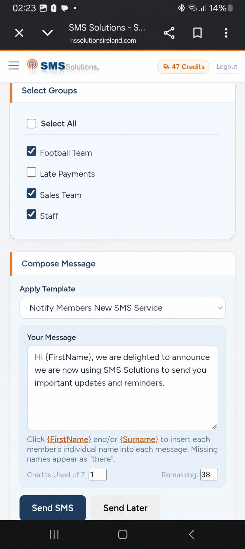 SMS Solutions mobile screen showing selected groups and a message ready to send